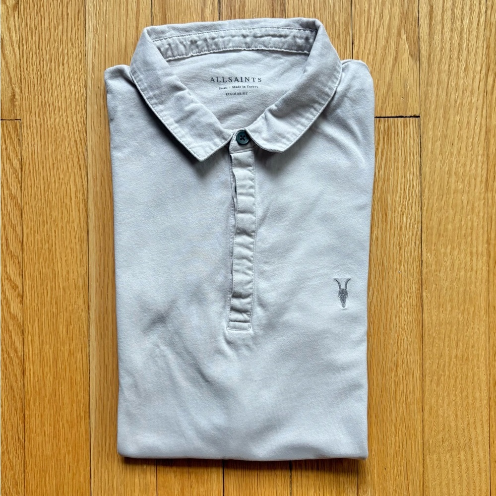 All Saints Men’s Short Sleeve Polo Shirt Regular Fit Small Cream Tan Solid